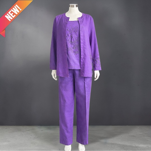 La’ Rea Pants - Purple Three-Piece Women's Linen Pant Set with Embroidered Shell and Jacket